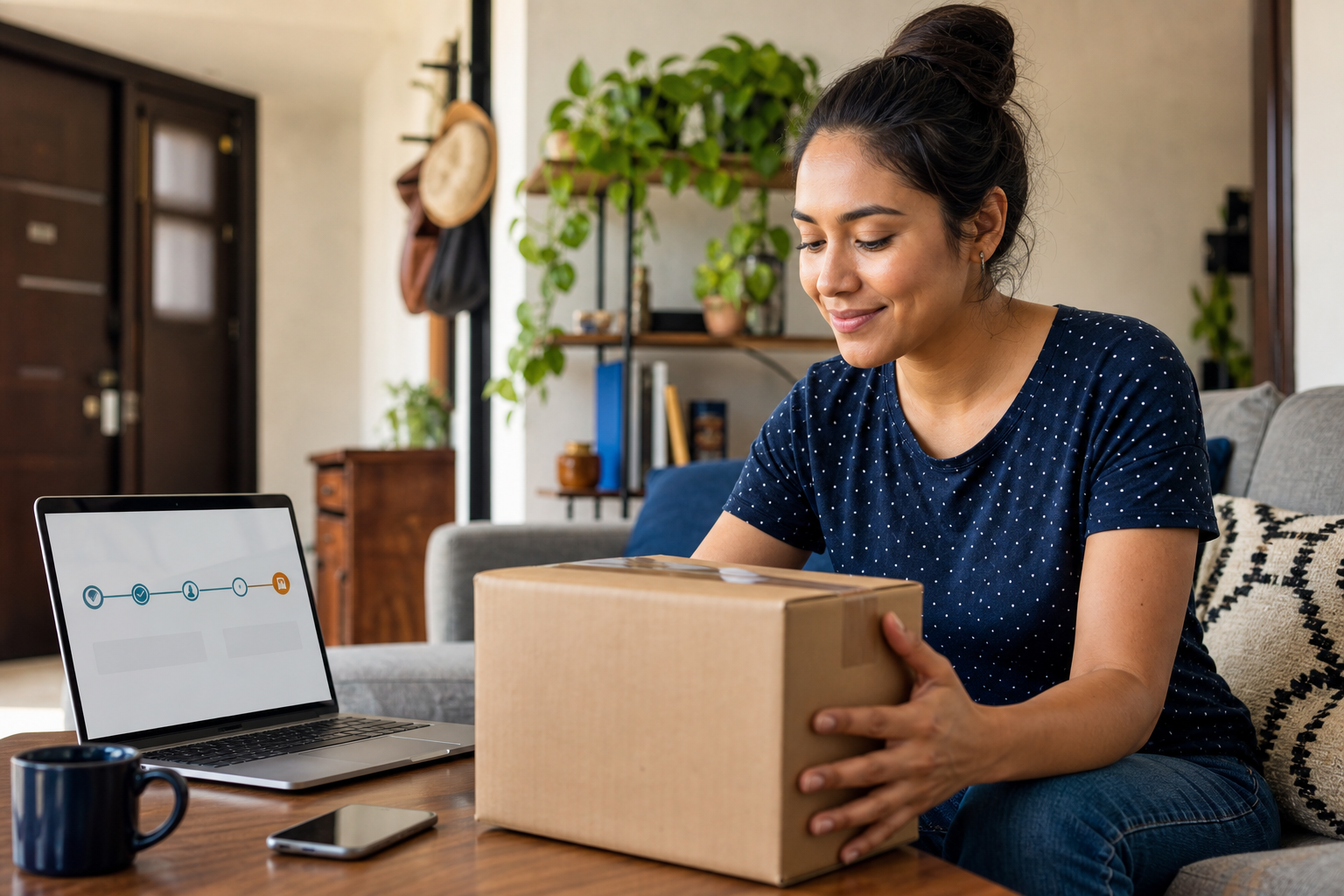 Compradora en México recibiendo un paquete en casa